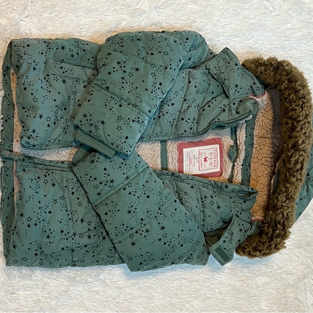 Fat Face Green Star Print Jacket with Faux Fur Hood